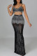 Black Sexy Solid Patchwork Hot Drill Spaghetti Strap Sleeveless Two Pieces