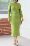 Light Green Fashion Casual Solid Bandage Hollowed Out O Neck Long Sleeve Dresses