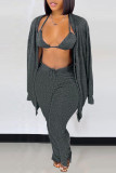 Light Gray Casual Solid Patchwork Buckle Slit V Neck Long Sleeve Two Pieces
