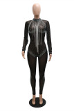 Black Fashion Sexy Hot Drilling Tassel See-through Half A Turtleneck Regular Jumpsuits