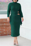 Yellow Fashion Casual Solid Bandage Hollowed Out O Neck Long Sleeve Dresses