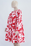 Red Fashion Casual Print Basic O Neck Long Sleeve Dresses