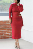 White Fashion Casual Solid Bandage Hollowed Out O Neck Long Sleeve Dresses