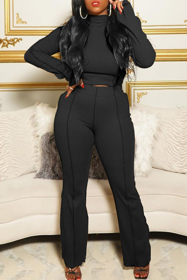 Black Fashion Casual Solid Patchwork Turtleneck Long Sleeve Two Pieces