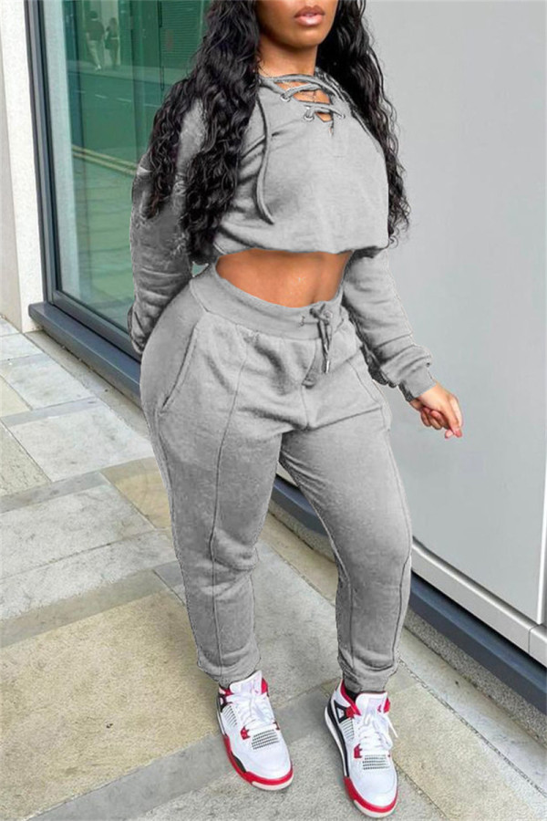 Grey Fashion Casual Solid Hollowed Out V Neck Long Sleeve Two Pieces