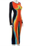 Multicolor Fashion Casual Print Basic O Neck Long Sleeve Dresses