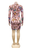Pink Fashion Sexy Butterfly Print Bandage Hollowed Out Turtleneck Long Sleeve Dresses