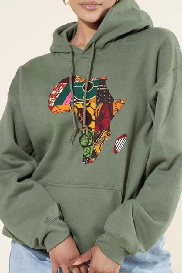 Green Fashion Casual Print Basic Hooded Collar Tops