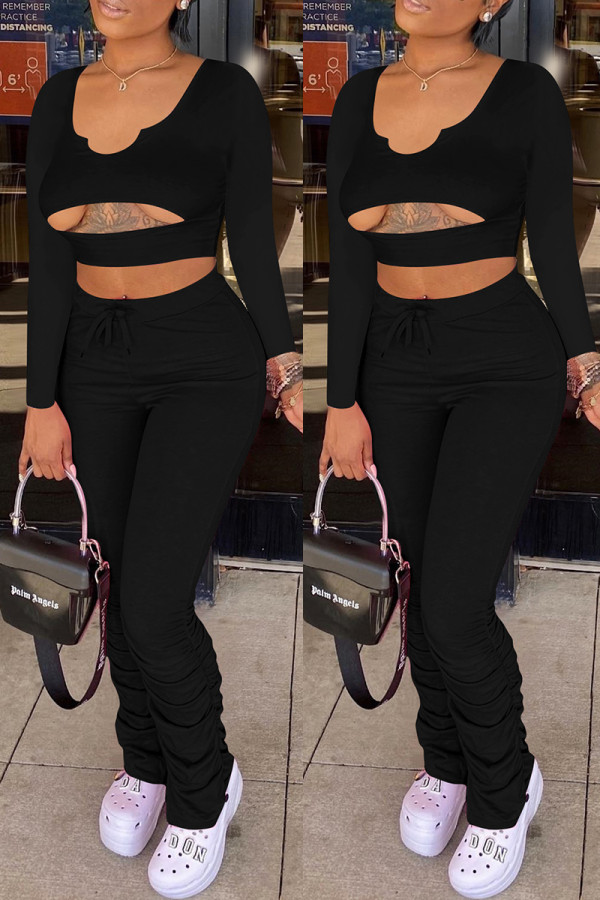 Black Sexy Casual Solid Hollowed Out Fold U Neck Regular Two-piece Set