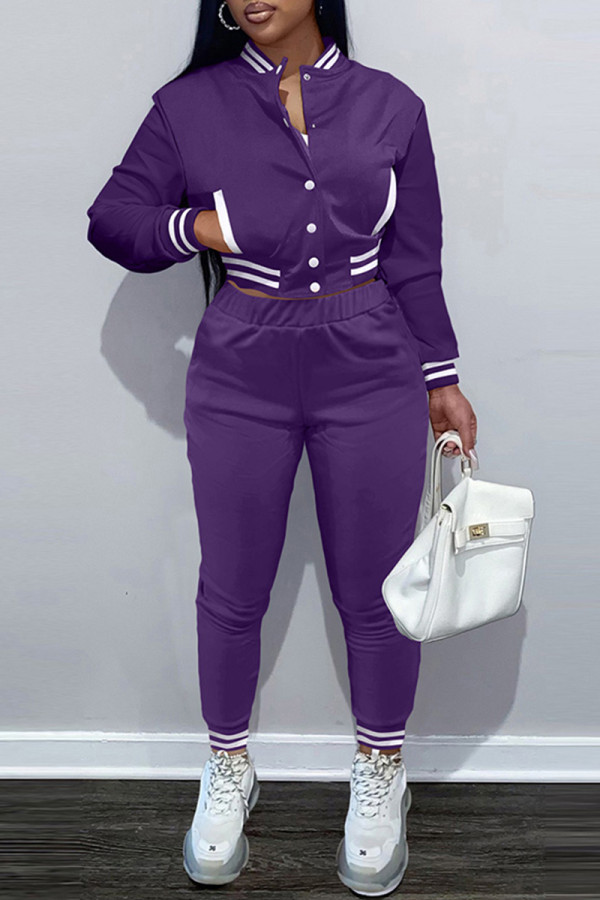 Purple Fashion Casual Solid Patchwork Long Sleeve Two Pieces