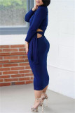 Dark Green Fashion Casual Solid Bandage Hollowed Out O Neck Long Sleeve Dresses