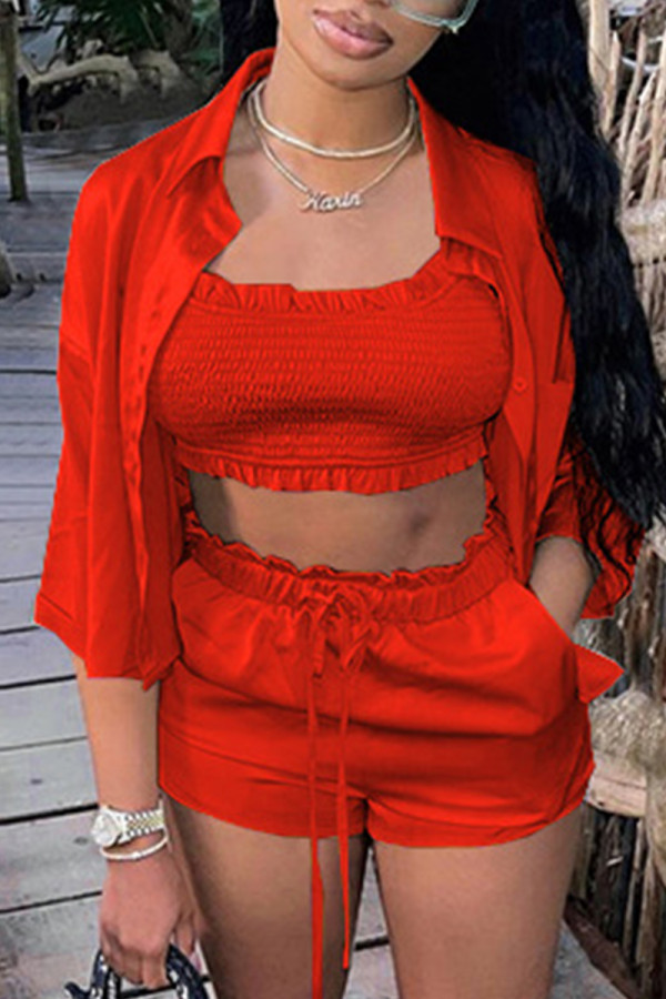 Red Fashion Casual Solid Basic Turndown Collar Half Sleeve Three-piece Set