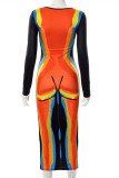 Multicolor Fashion Casual Print Basic O Neck Long Sleeve Dresses