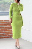 Grey Fashion Casual Solid Bandage Hollowed Out O Neck Long Sleeve Dresses