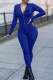 Blue Fashion Casual Print Basic Zipper Collar Skinny Jumpsuits