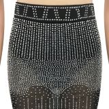 Black Sexy Solid Patchwork Hot Drill Spaghetti Strap Sleeveless Two Pieces