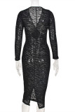 Black Fashion Sexy Striped See-through Slit V Neck Long Sleeve Dresses