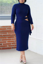 Blue Fashion Casual Solid Bandage Hollowed Out O Neck Long Sleeve Dresses