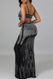 Black Sexy Solid Patchwork Hot Drill Spaghetti Strap Sleeveless Two Pieces
