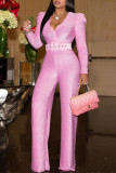 Rose Red Fashion Casual Solid With Belt V Neck Regular Jumpsuits