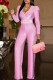 Rose Red Fashion Casual Solid With Belt V Neck Regular Jumpsuits