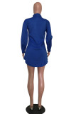 Deep Blue Fashion Casual Print Basic Turndown Collar Shirt Dress