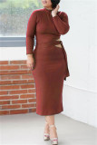 Red Fashion Casual Solid Bandage Hollowed Out O Neck Long Sleeve Dresses