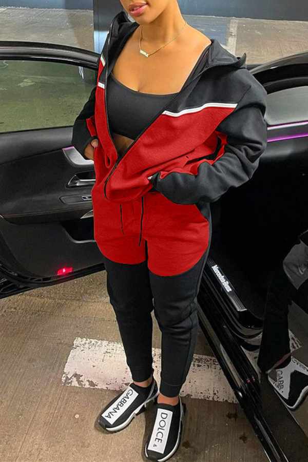 Black Red Fashion Casual Solid Patchwork Hooded Collar Long Sleeve Two Pieces