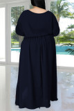 Deep Blue Fashion Casual Solid Slit O Neck Plus Size Two Pieces