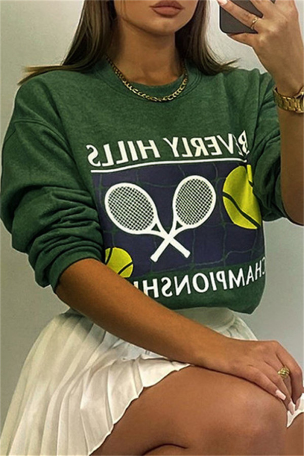 Green Fashion Casual Print Basic O Neck Tops