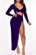 Purple Fashion Sexy Solid Hollowed Out Slit V Neck Long Sleeve Dresses