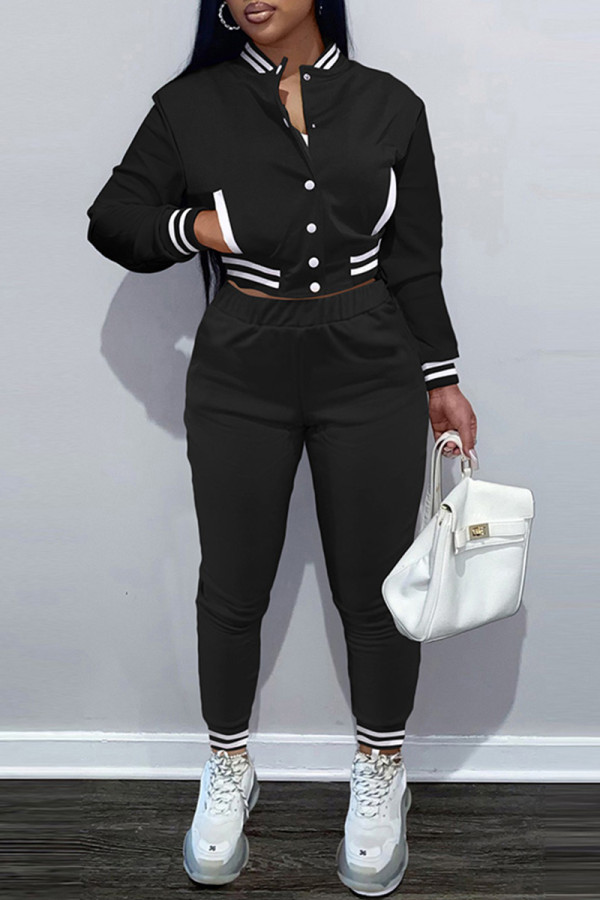 Black Fashion Casual Solid Patchwork Long Sleeve Two Pieces