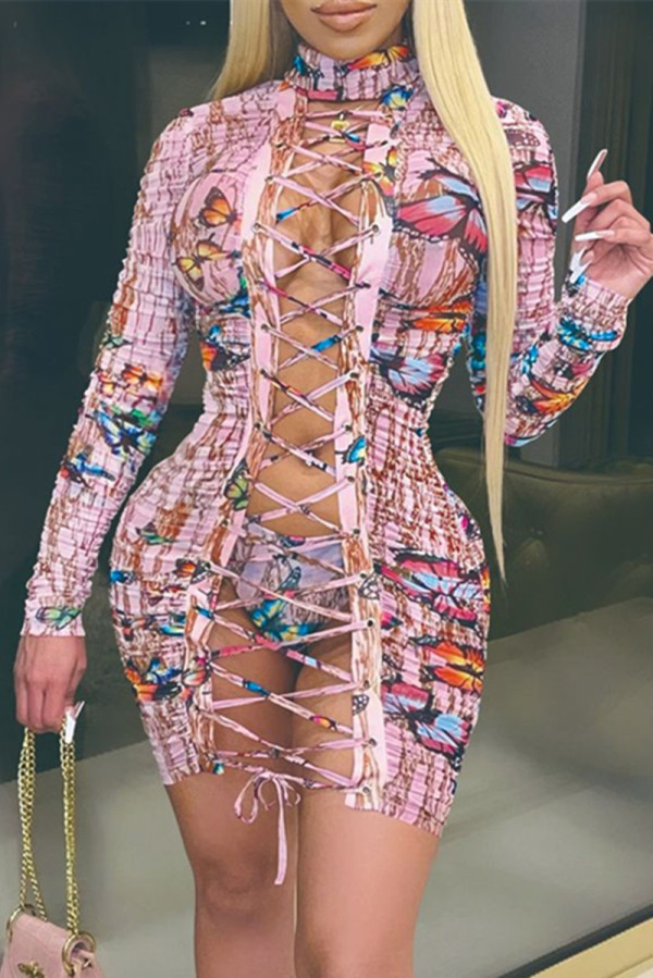 Pink Fashion Sexy Butterfly Print Bandage Hollowed Out Turtleneck Long Sleeve Dresses