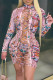 Pink Fashion Sexy Butterfly Print Bandage Hollowed Out Turtleneck Long Sleeve Dresses