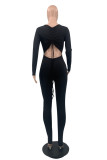 Black Fashion Casual Solid Draw String Backless V Neck Skinny Jumpsuits