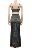 Black Sexy Solid Patchwork Hot Drill Spaghetti Strap Sleeveless Two Pieces
