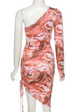 Pink Fashion Sexy Print Draw String Oblique Collar Long Sleeve Dresses