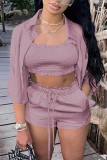 Red Fashion Casual Solid Basic Turndown Collar Half Sleeve Three-piece Set
