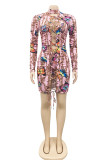 Pink Fashion Sexy Butterfly Print Bandage Hollowed Out Turtleneck Long Sleeve Dresses