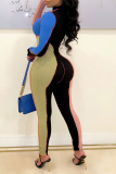 Blue Sexy Color Block Solid Color O Neck Skinny Jumpsuits