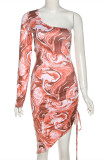 Pink Fashion Sexy Print Draw String Oblique Collar Long Sleeve Dresses