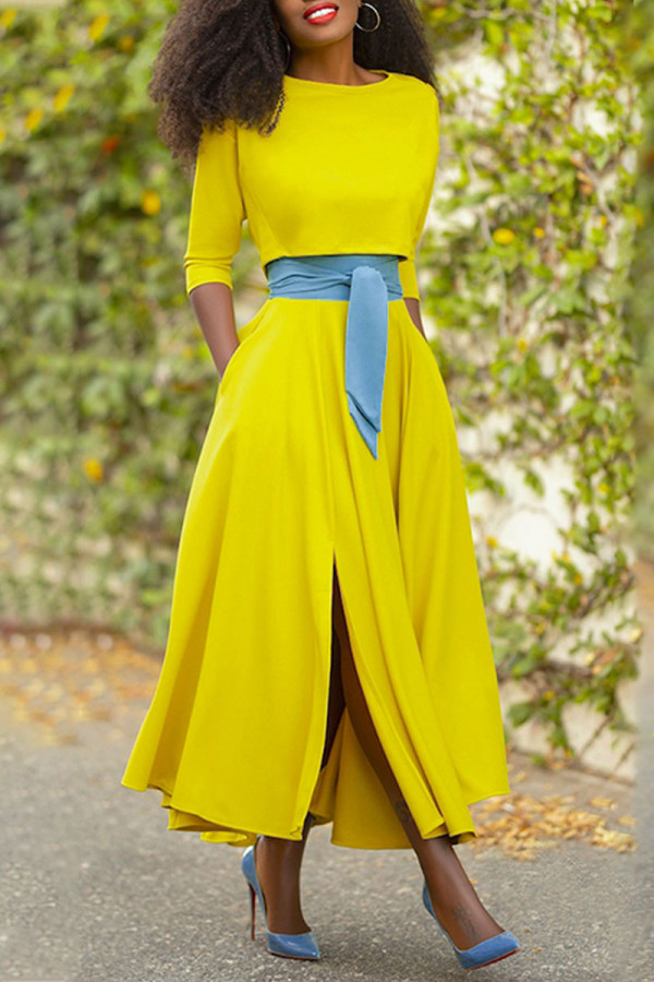 Yellow Casual Solid Patchwork O Neck Three Quarter Two Pieces