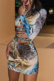 Multicolor Fashion Sexy Print Bandage Hollowed Out Oblique Collar Long Sleeve Dresses