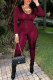 Burgundy Fashion Casual Solid Draw String Backless V Neck Skinny Jumpsuits