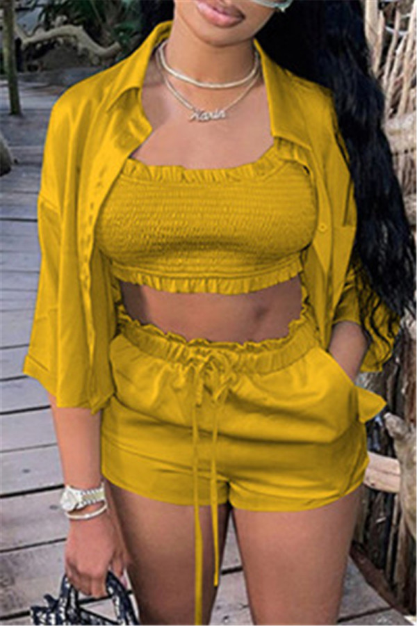 Yellow Fashion Casual Solid Basic Turndown Collar Half Sleeve Three-piece Set