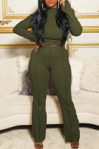 Army Green Fashion Casual Solid Split Joint Turtleneck Long Sleeve Two Pieces