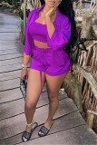 Red Fashion Casual Solid Basic Turndown Collar Half Sleeve Three-piece Set