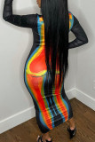 Multicolor Fashion Casual Print Basic O Neck Long Sleeve Dresses