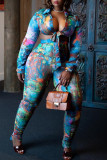 Blue Fashion Sexy Print Tie Dye Bandage Turndown Collar Long Sleeve Two Pieces