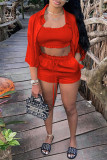 Red Fashion Casual Solid Basic Turndown Collar Half Sleeve Three-piece Set